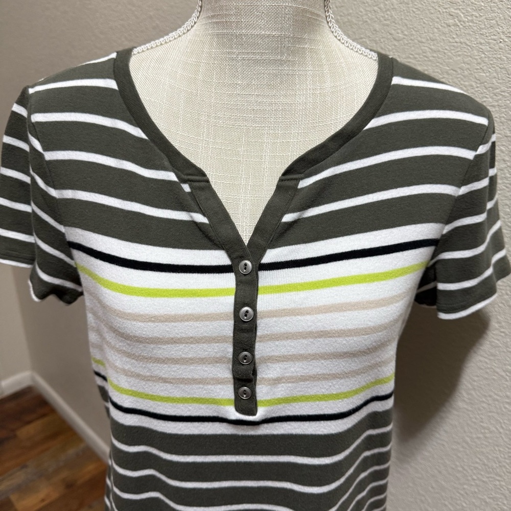 Croft & Barrow Olive, White, and Yellow Striped V-Neck - Size Large